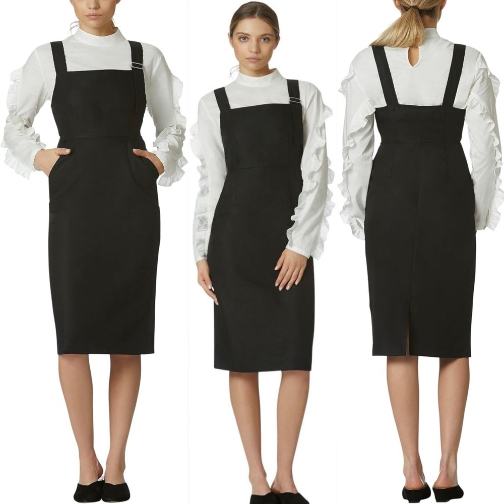 Anthropologie Avec Les Filles Black Linen Blend Structured Apron Midi Dress Sz 8